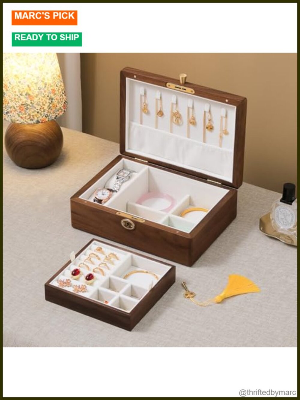 Solid Black Walnut Wooden Lockable Jewelry Box 2 Layer Organizer Case for Women
